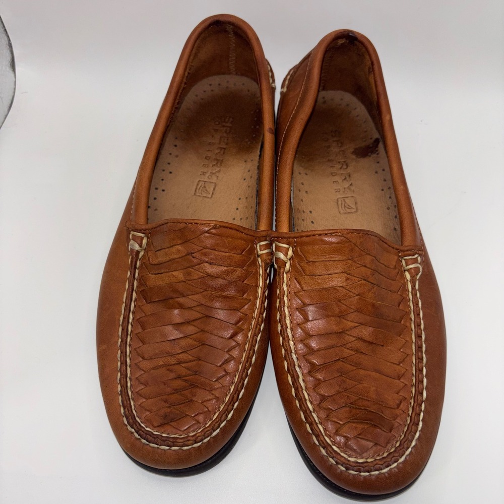 Sperry Mens Woven Leather Slip-On Loafers in Cognac Brown